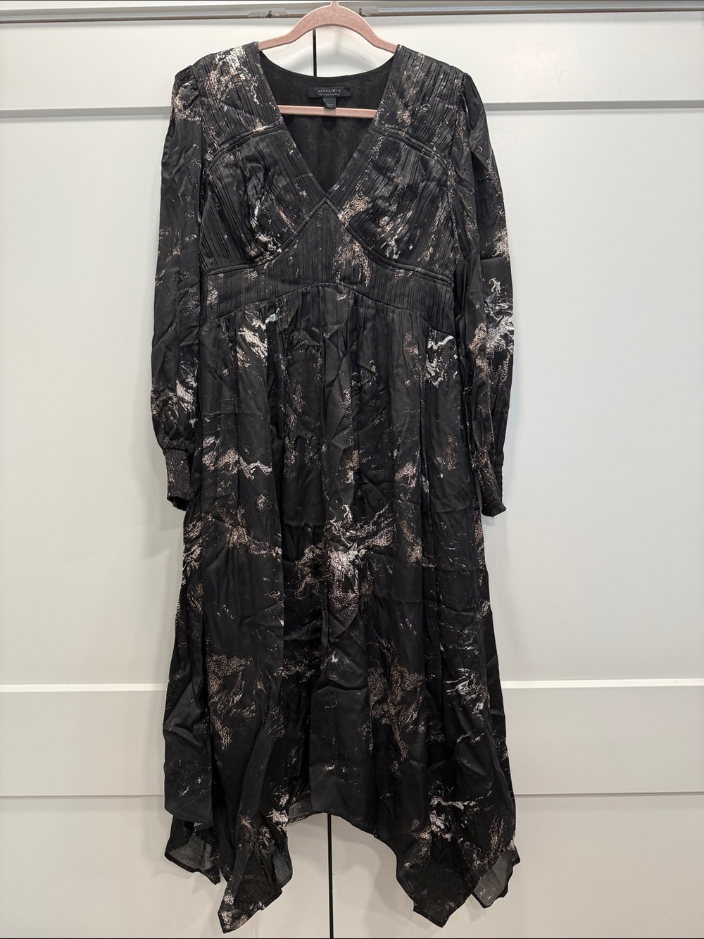 AllSaints Estelle Titania gothic black  Marble-Print V-Neck asymmetrical hem 10 - Picture 2 of 12